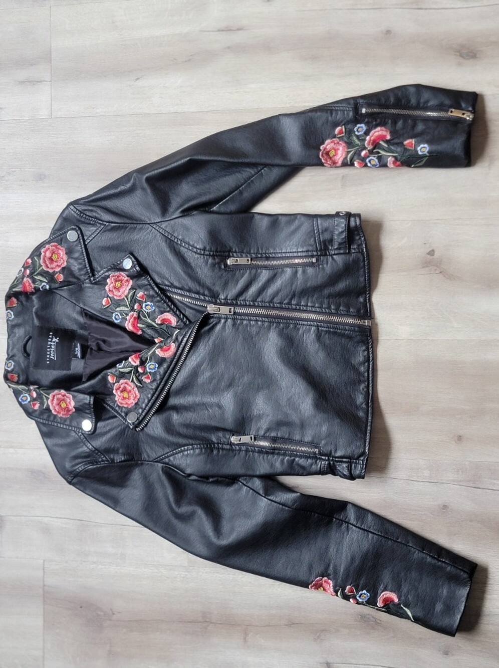 Streetwear Society Floral Embroidered Faux Leather Moto Biker Boho Jacket Size L - Picture 2 of 16